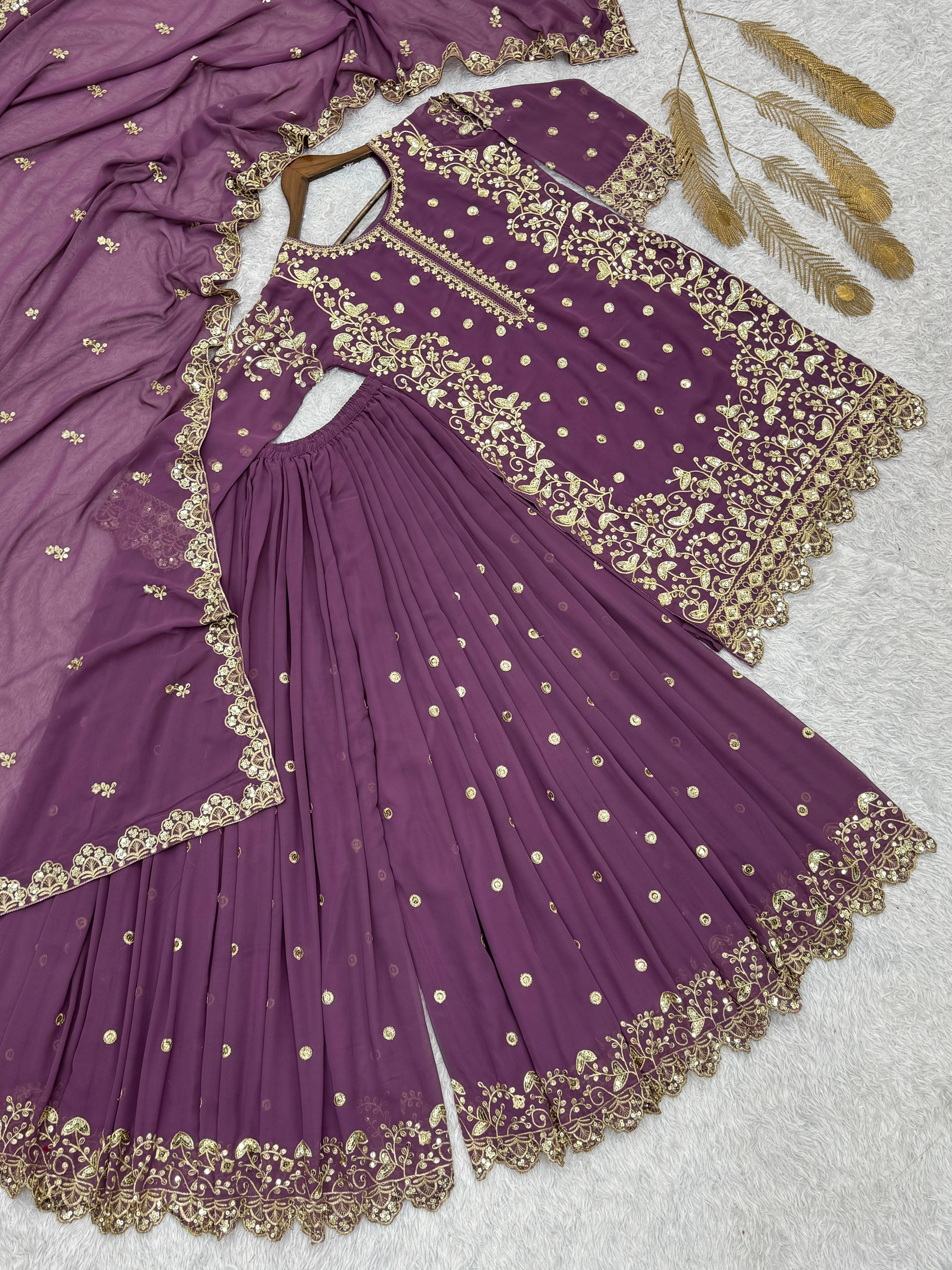 Embroidered Semi Stitched Sequence Worked Top-Plazzo And Dupatta Set For Wedding Functions @F