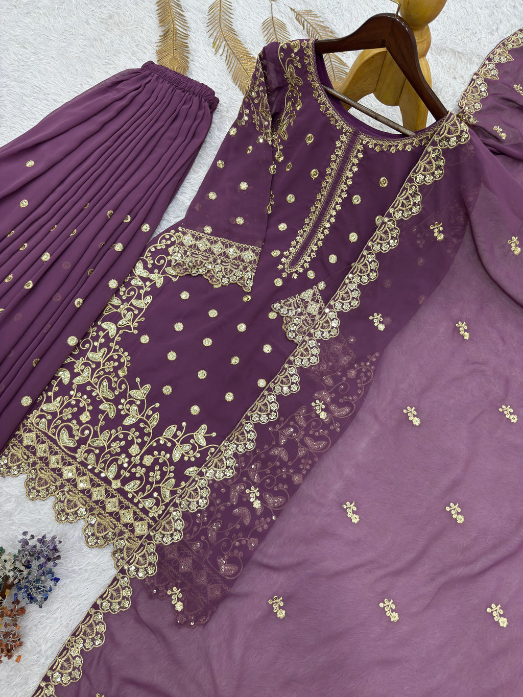 Embroidered Semi Stitched Sequence Worked Top-Plazzo And Dupatta Set For Wedding Functions @F