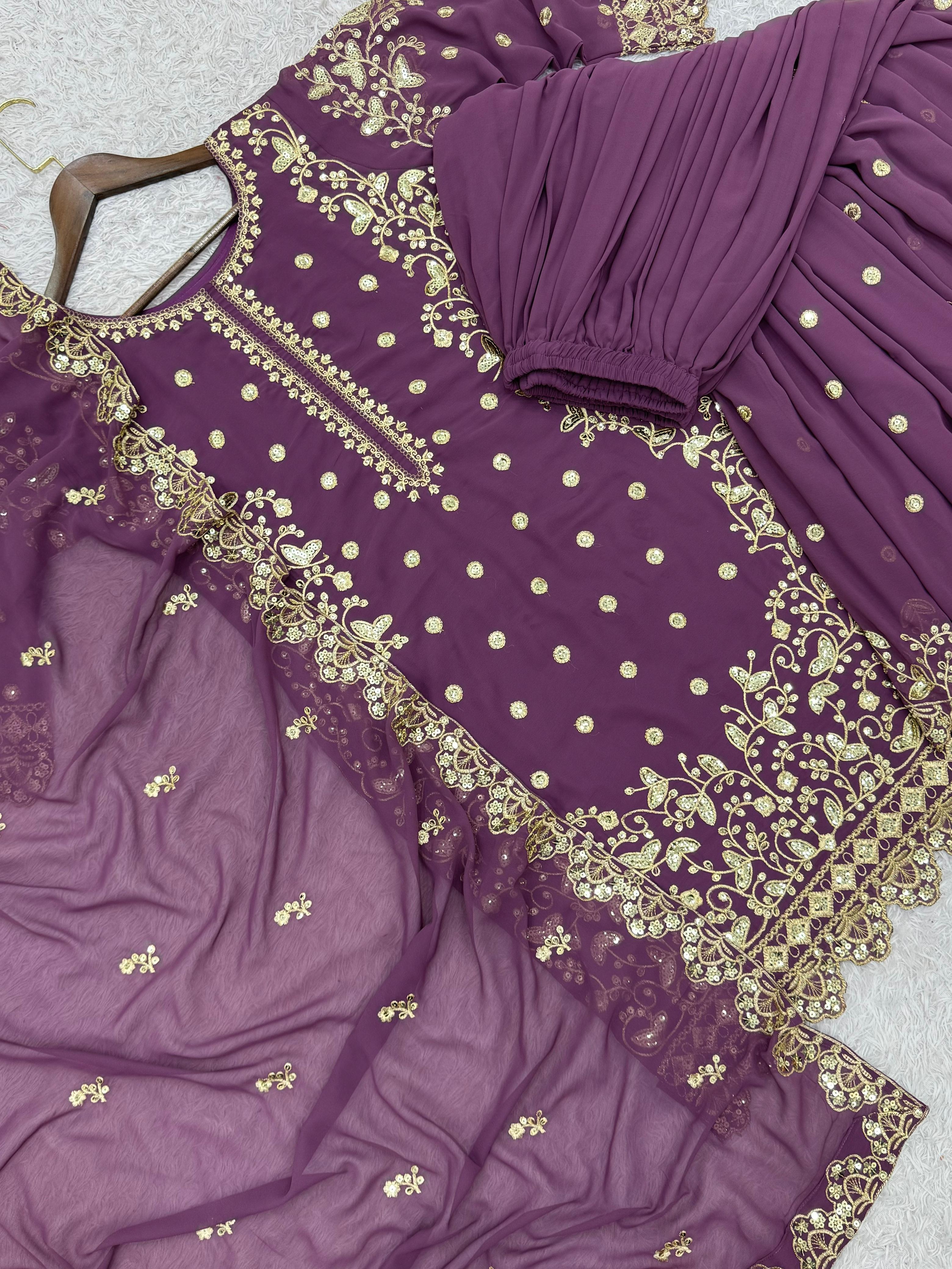 Embroidered Semi Stitched Sequence Worked Top-Plazzo And Dupatta Set For Wedding Functions @F
