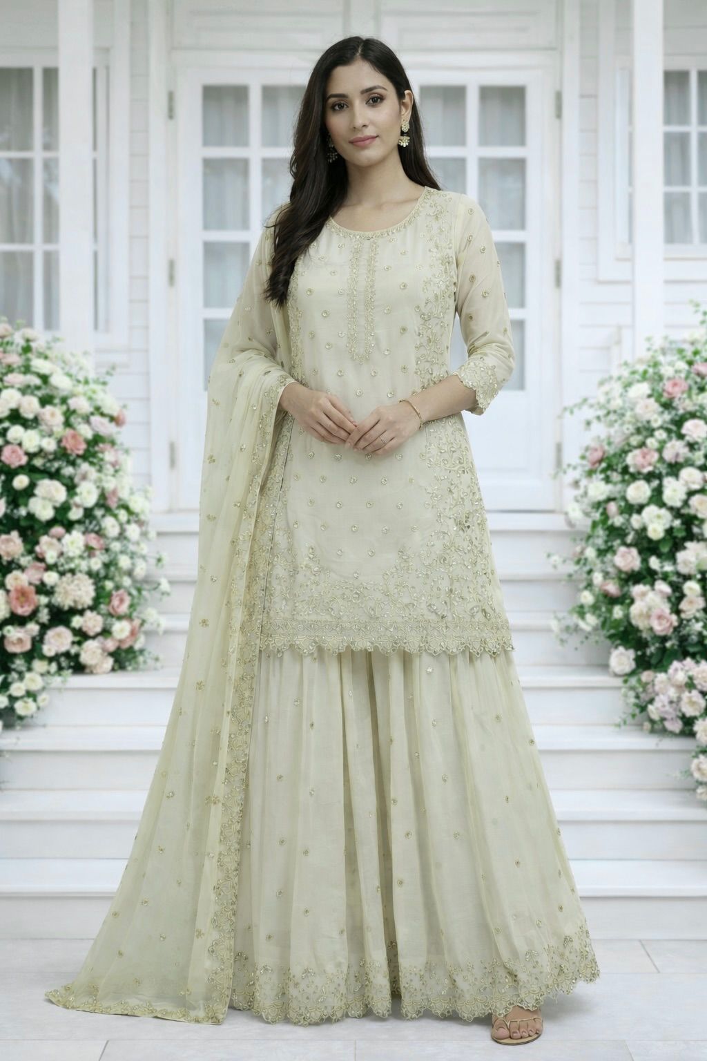 Embroidered Semi Stitched Sequence Worked Top-Plazzo And Dupatta Set For Wedding Functions @F