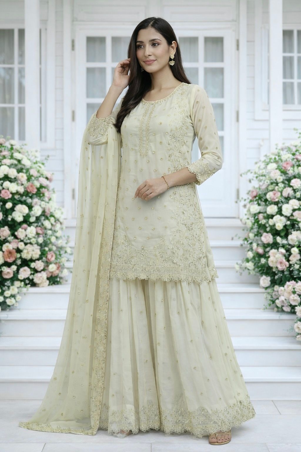Embroidered Semi Stitched Sequence Worked Top-Plazzo And Dupatta Set For Wedding Functions @F