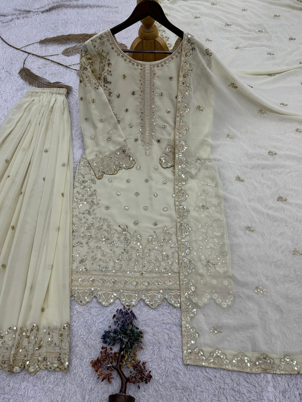 Embroidered Semi Stitched Sequence Worked Top-Plazzo And Dupatta Set For Wedding Functions @F