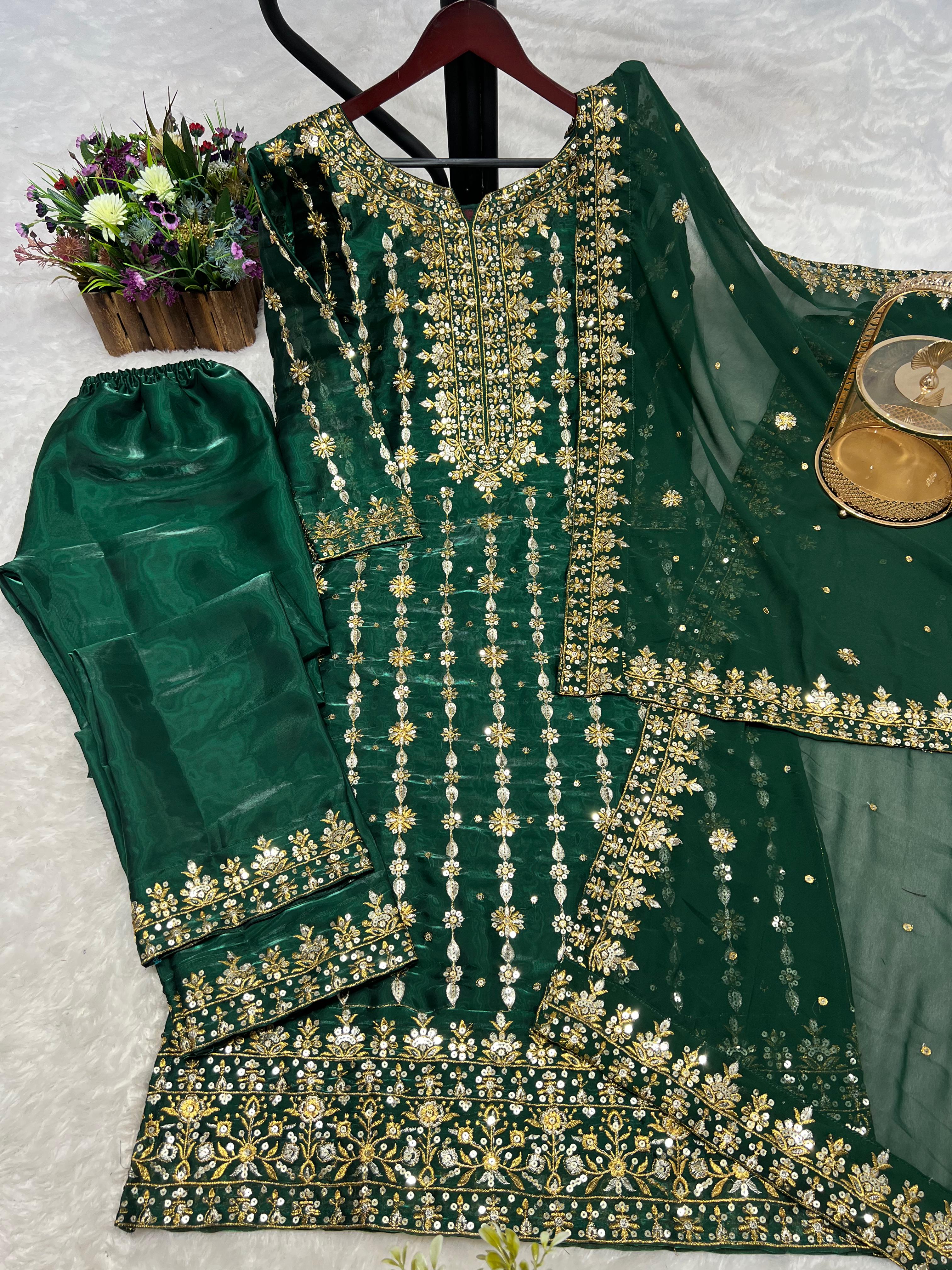 Premium Jimmy Choo Silk Kurta With Embroidery Sequence Pant And Dupatta Set@F