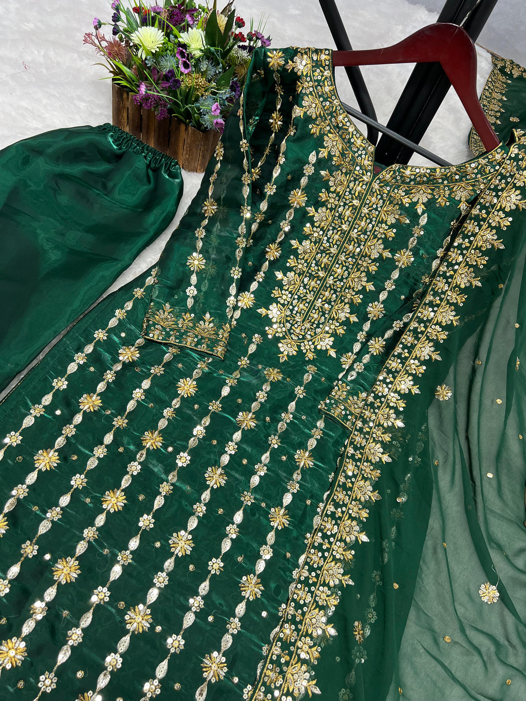 Premium Jimmy Choo Silk Kurta With Embroidery Sequence Pant And Dupatta Set@F