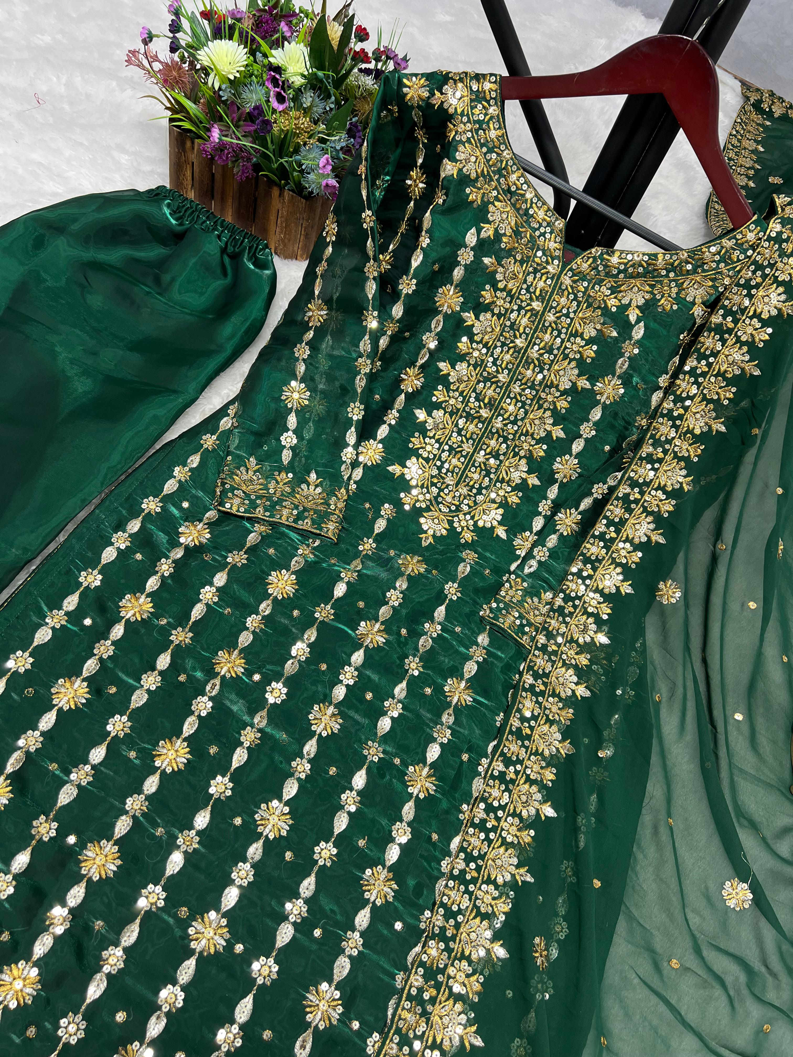 Premium Jimmy Choo Silk Kurta With Embroidery Sequence Pant And Dupatta Set@F