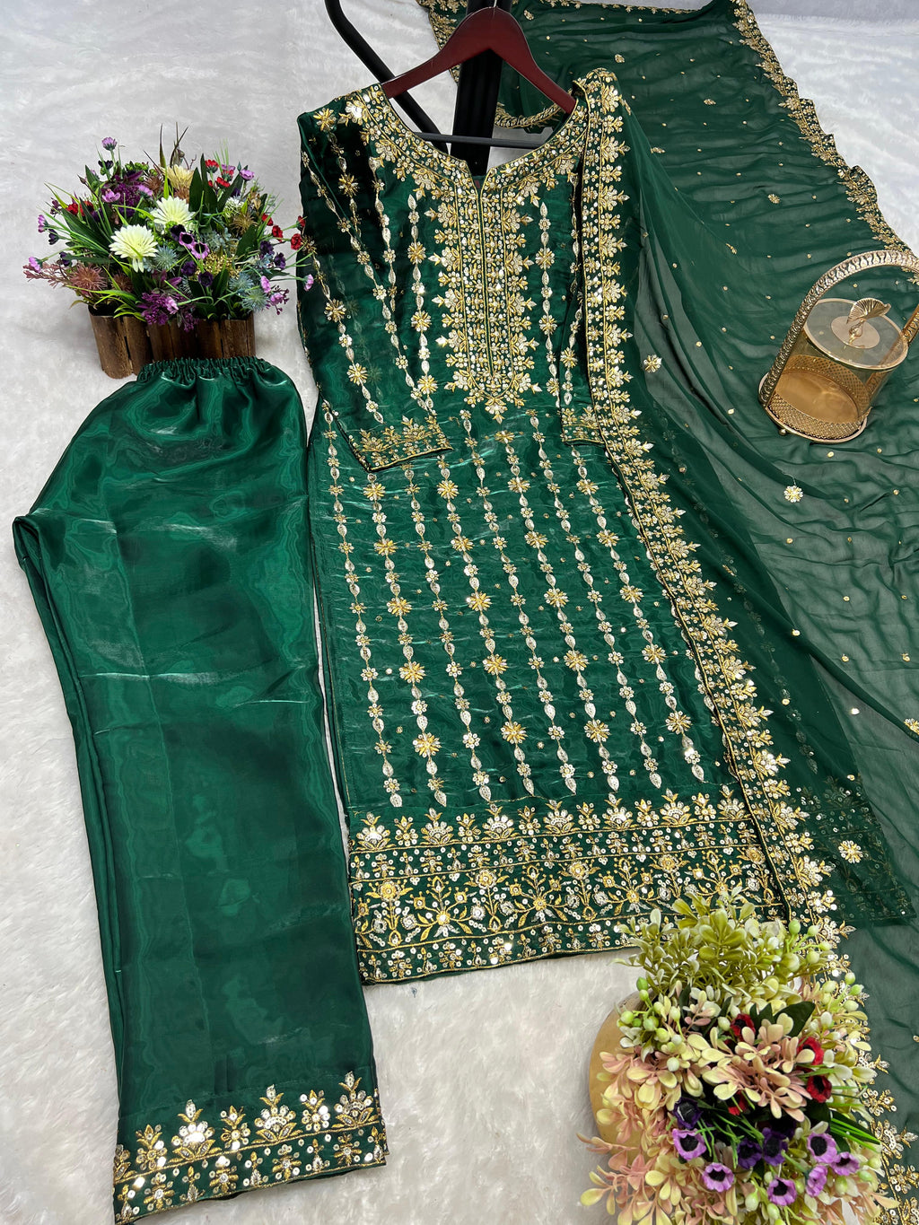 Premium Jimmy Choo Silk Kurta With Embroidery Sequence Pant And Dupatta Set@F