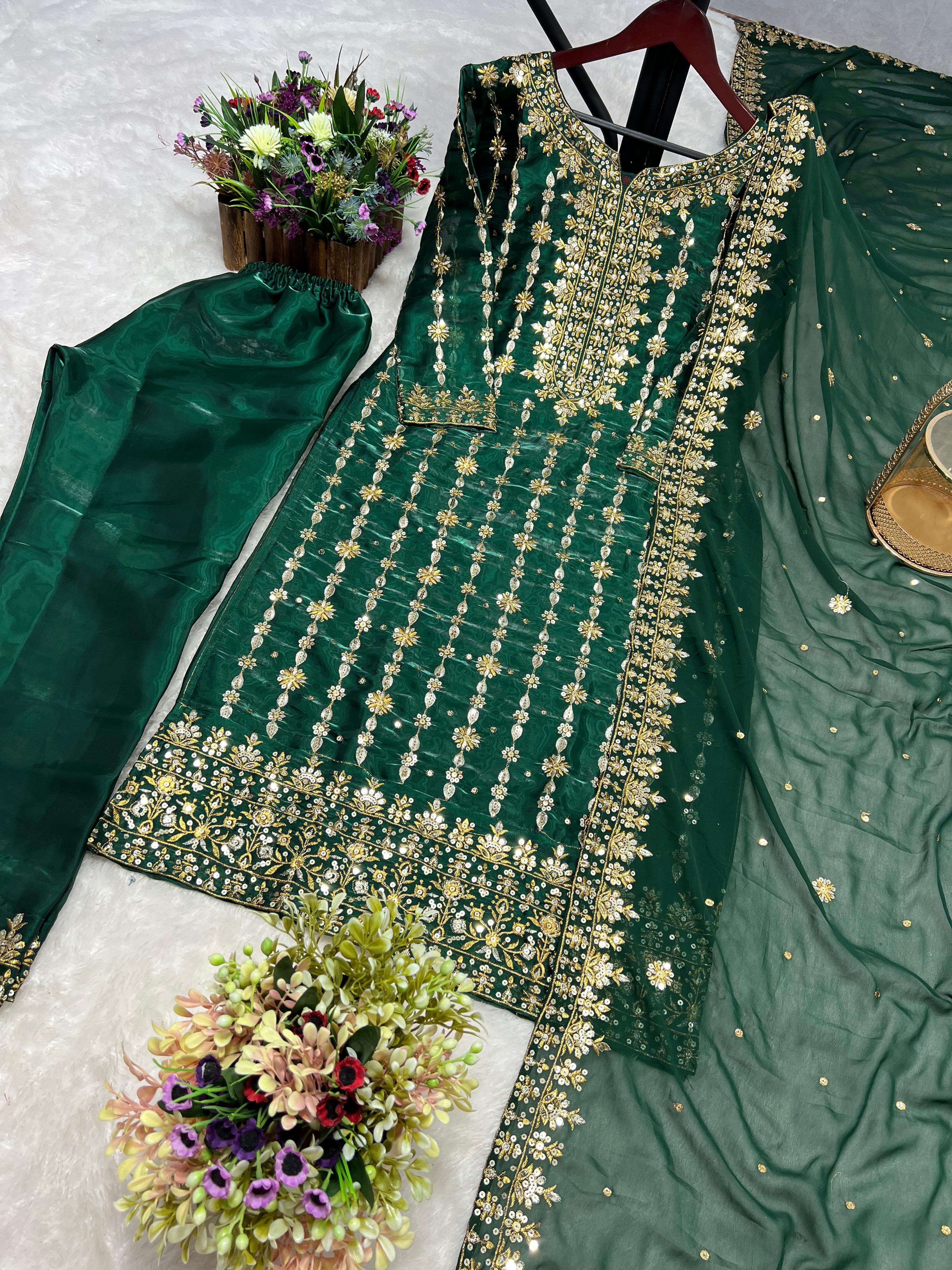 Premium Jimmy Choo Silk Kurta With Embroidery Sequence Pant And Dupatta Set@F