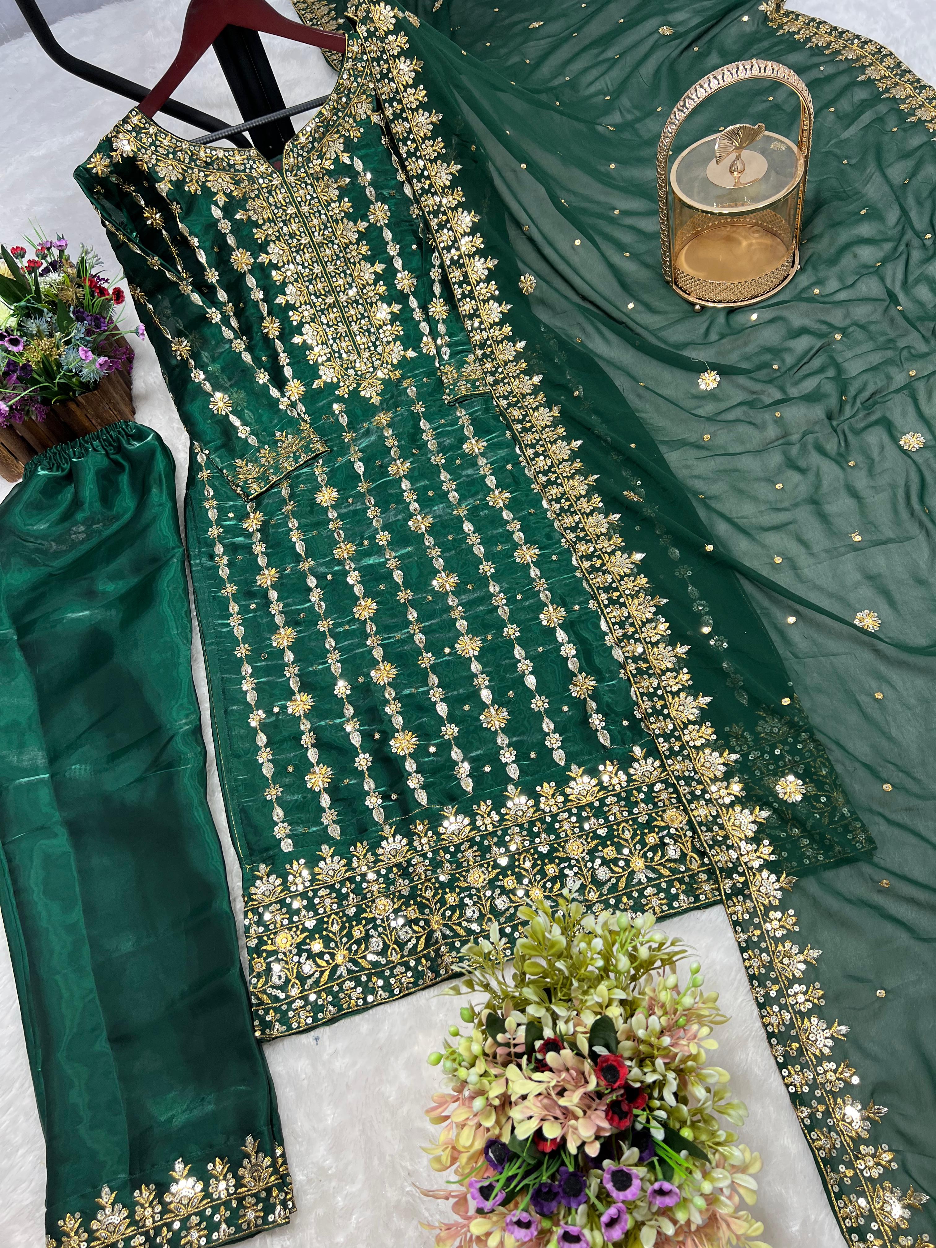 Premium Jimmy Choo Silk Kurta With Embroidery Sequence Pant And Dupatta Set@F