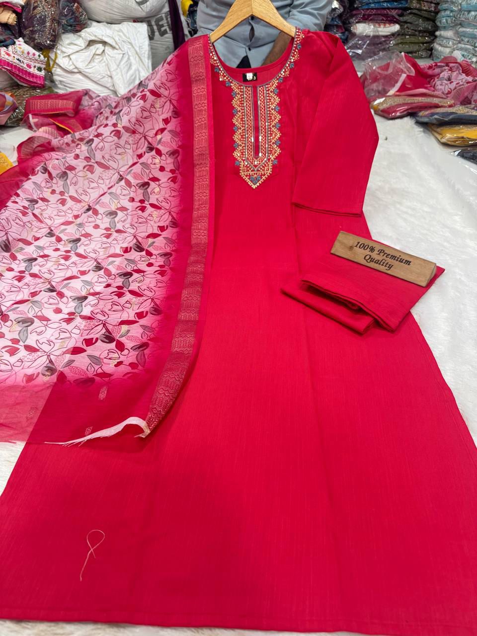 Women slub Silk Kurta Pant Dupatta Set@F