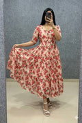 Floral Print Puff Sleeve Maxi Dress@F