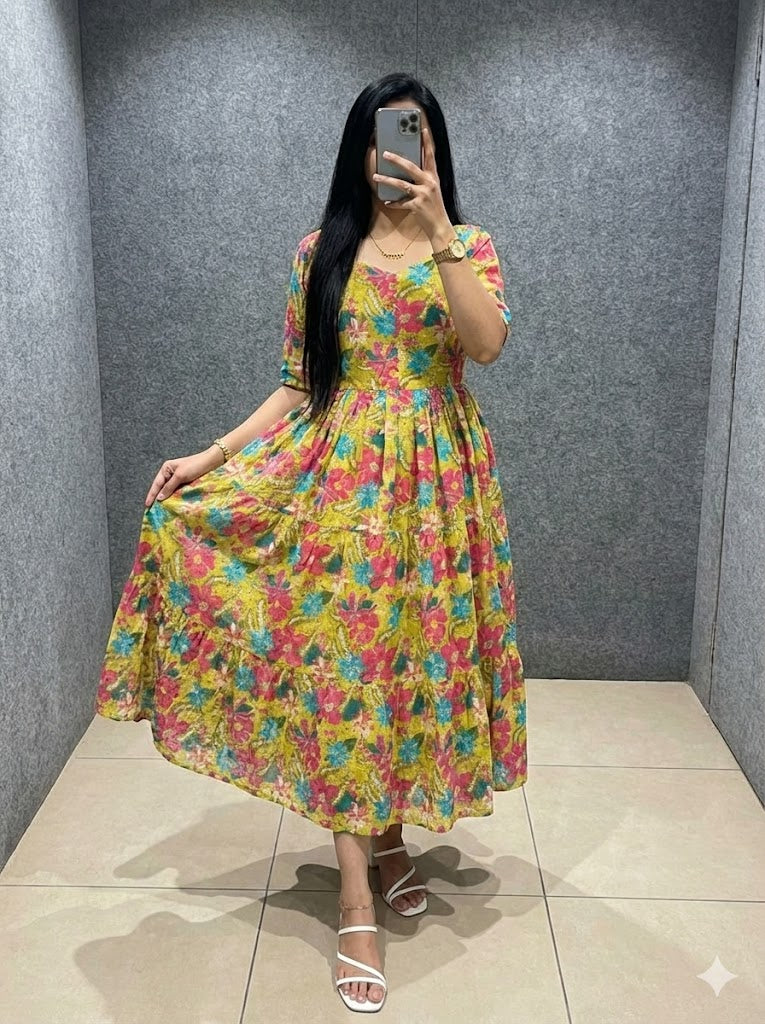 Floral Print Puff Sleeve Maxi Dress@F