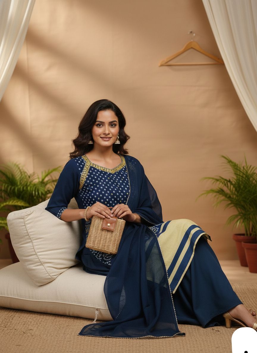 Cotton Thread Embroidery Kurti sharara Dupatta set@F