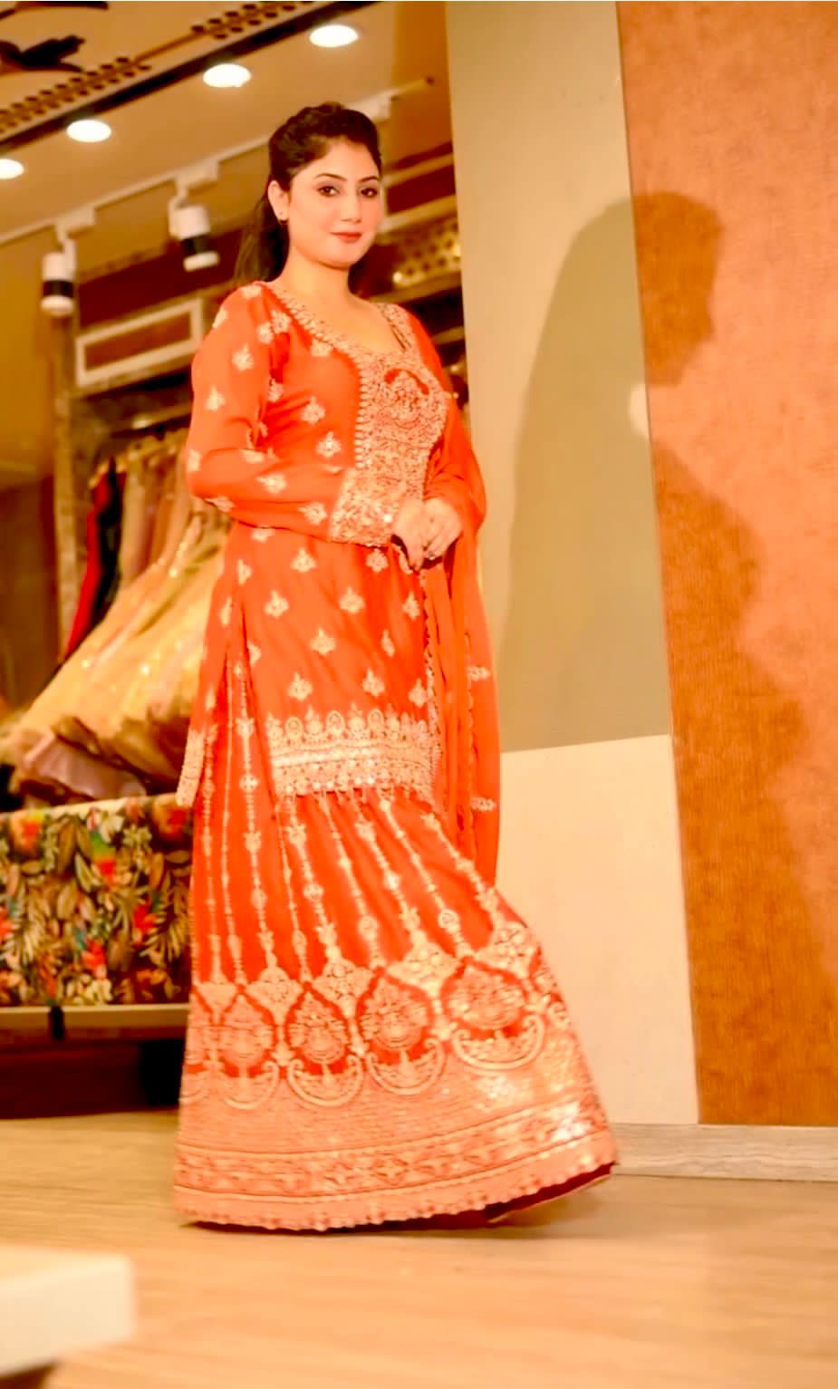 Women's Traditional Orange Sharara Suit Set with Embroidered Kurti, Palazzo and Dupatta, 3 Piece
