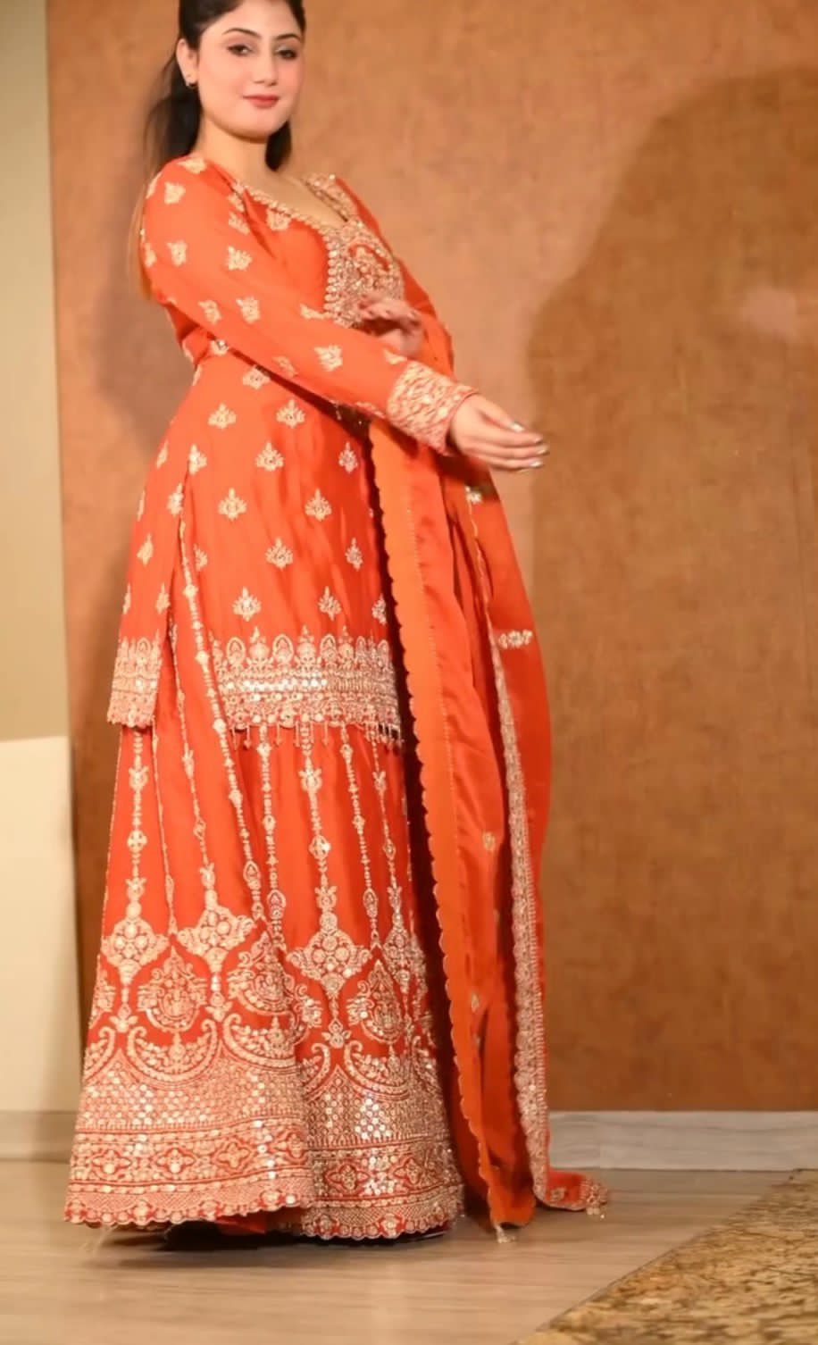 Women's Traditional Orange Sharara Suit Set with Embroidered Kurti, Palazzo and Dupatta, 3 Piece