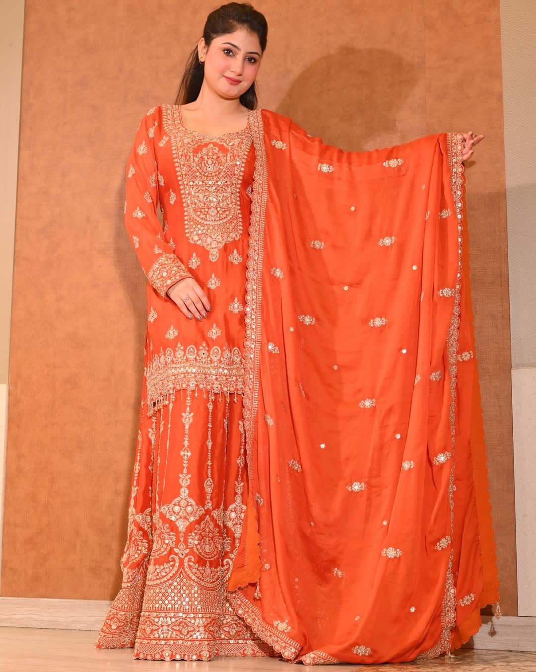 Women's Traditional Orange Sharara Suit Set with Embroidered Kurti, Palazzo and Dupatta, 3 Piece