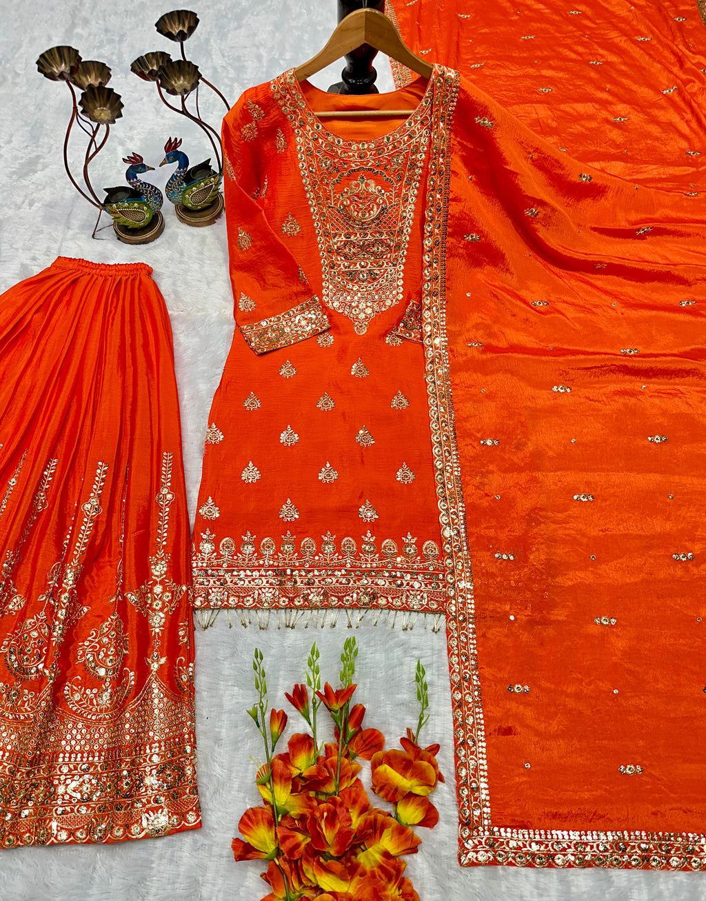 Women's Traditional Orange Sharara Suit Set with Embroidered Kurti, Palazzo and Dupatta, 3 Piece