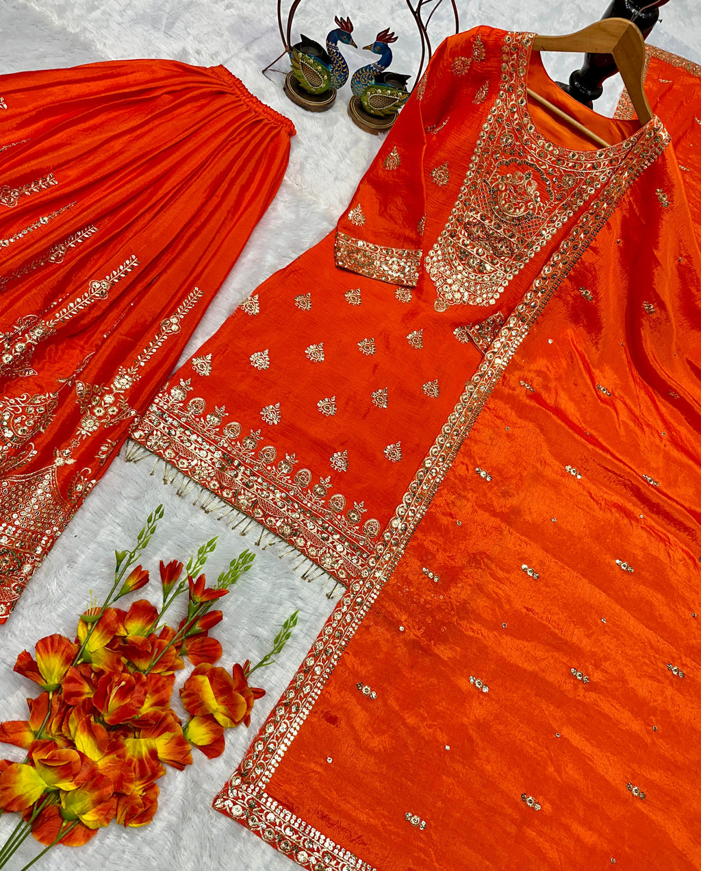 Women's Traditional Orange Sharara Suit Set with Embroidered Kurti, Palazzo and Dupatta, 3 Piece