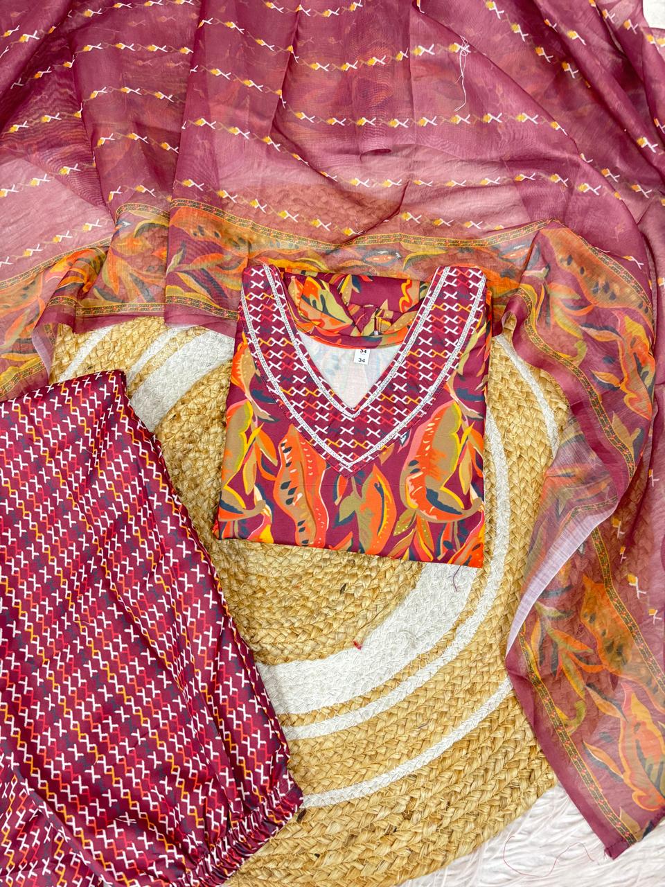 Women Viscose Rayon Kurta Pant Dupatta Set@F