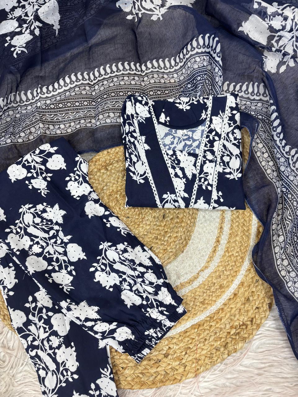 Women Viscose Rayon Kurta Pant Dupatta Set@F