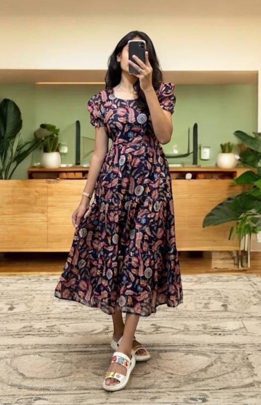 Women's Digital Print Cotton Silk Tiered Frock