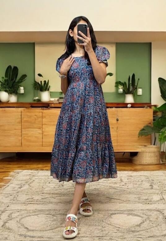 Women's Digital Print Cotton Silk Tiered Frock