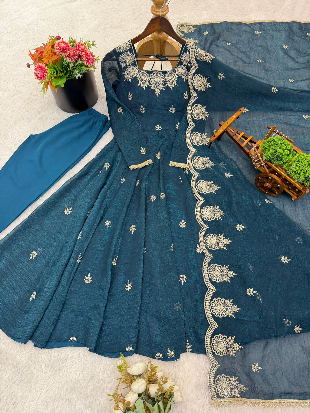 Embroidered Silk Blend Anarkali Suit Set With Dupatta@F