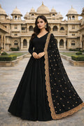 Black Anarkali Gown with Golden Embroidered Dupatta, Long Sleeve V-Neck Floor Length Georgette Dress, 4 Meter Fully Flared