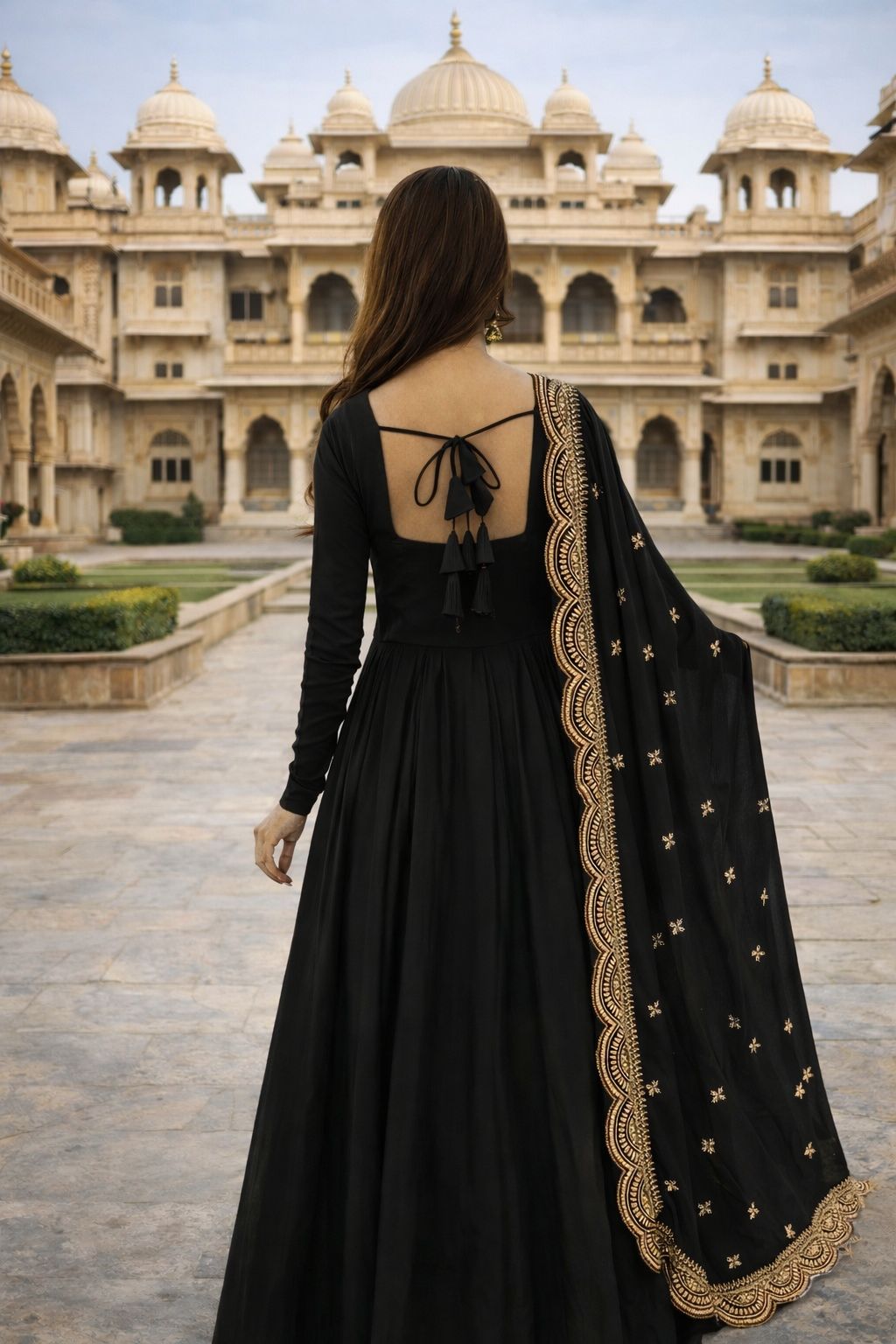 Black Anarkali Gown with Golden Embroidered Dupatta, Long Sleeve V-Neck Floor Length Georgette Dress, 4 Meter Fully Flared