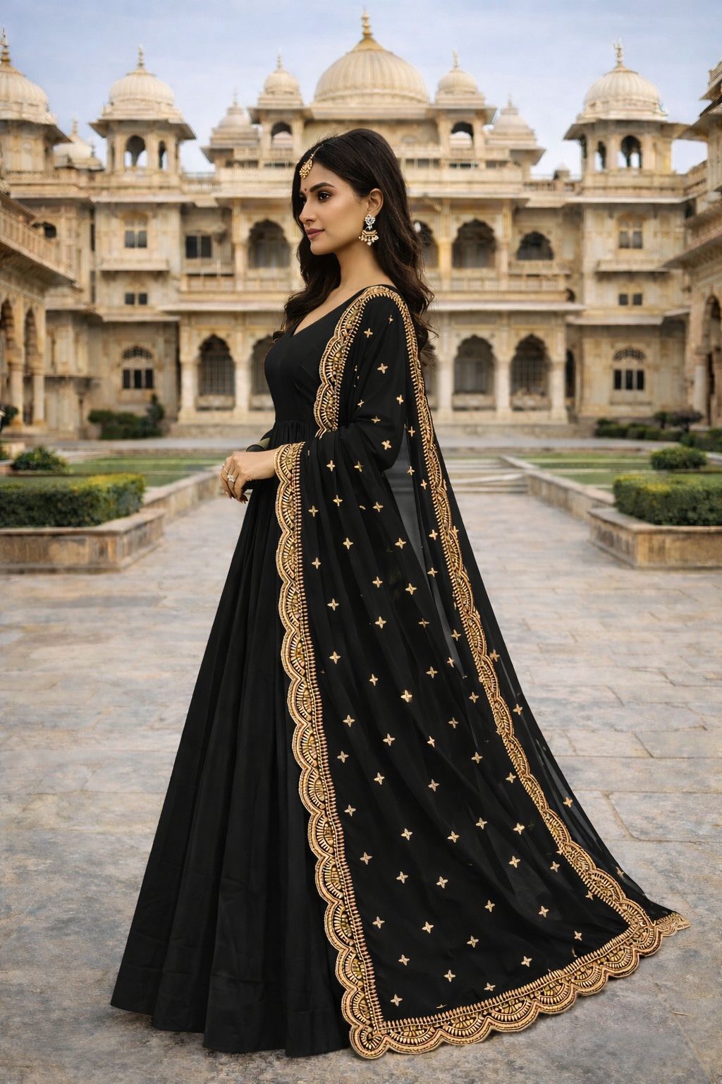 Black Anarkali Gown with Golden Embroidered Dupatta, Long Sleeve V-Neck Floor Length Georgette Dress, 4 Meter Fully Flared
