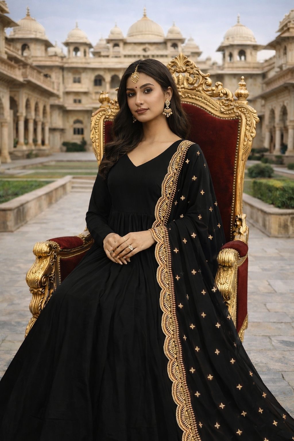 Black Anarkali Gown with Golden Embroidered Dupatta, Long Sleeve V-Neck Floor Length Georgette Dress, 4 Meter Fully Flared