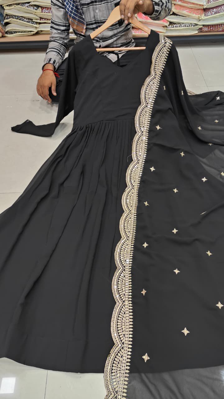 Black Anarkali Gown with Golden Embroidered Dupatta, Long Sleeve V-Neck Floor Length Georgette Dress, 4 Meter Fully Flared