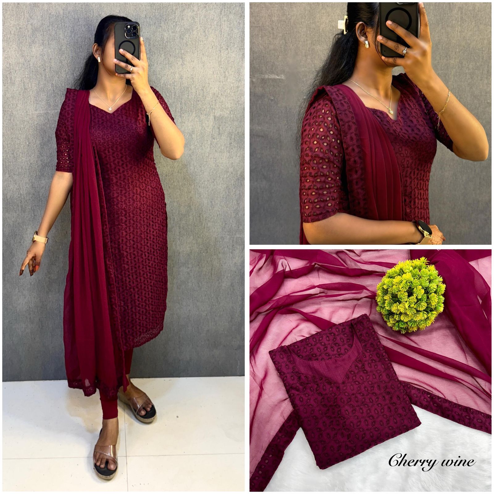 Designer Wine Cotton Embroidered Kurti Set with Dupatta for Women |