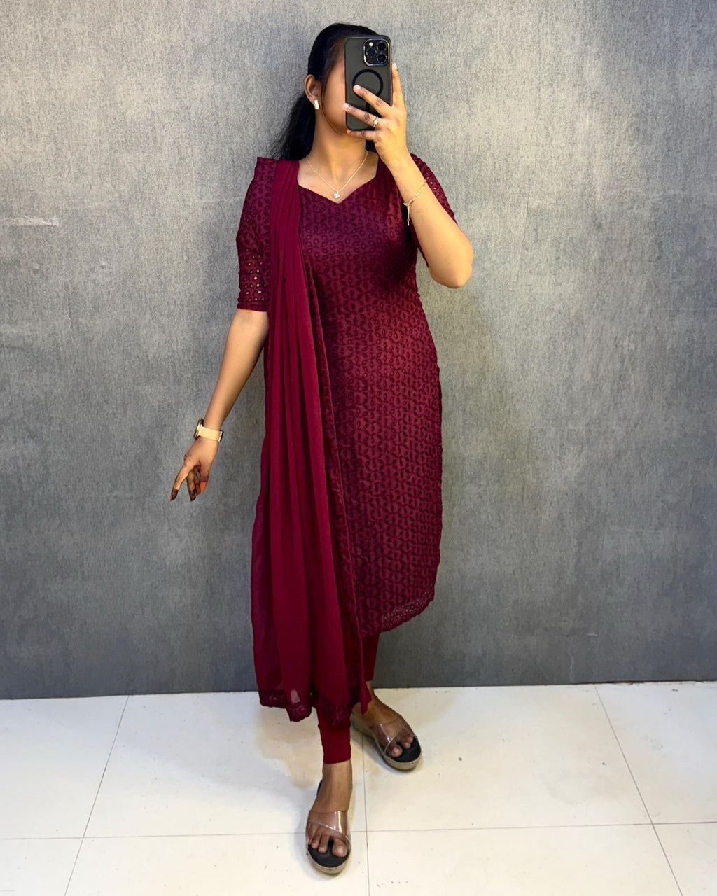 Designer Wine Cotton Embroidered Kurti Set with Dupatta for Women |