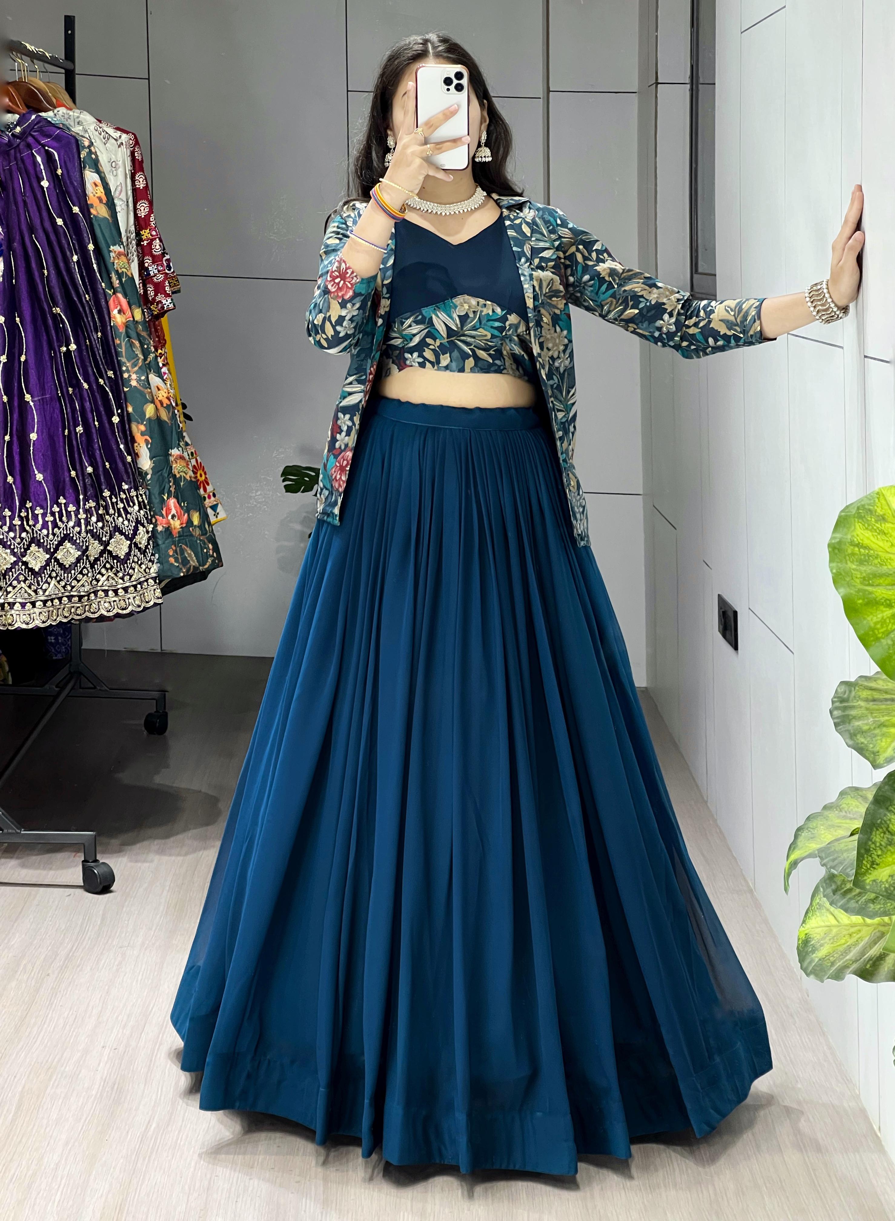 Teal Blue Georgette Foil Print Lehenga Choli with Chanderi Koti@F