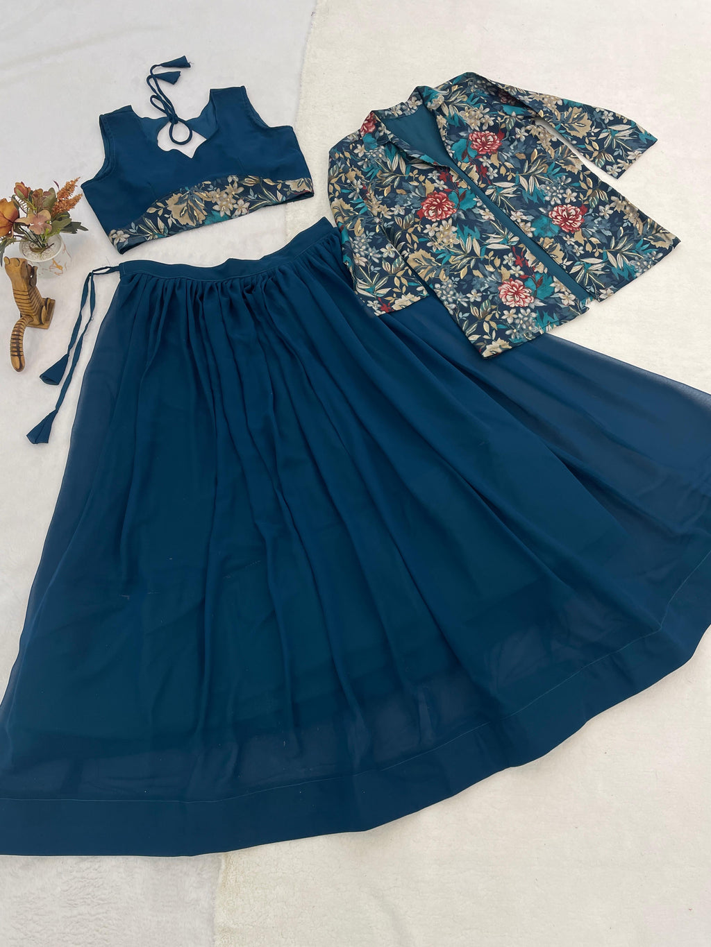 Teal Blue Georgette Foil Print Lehenga Choli with Chanderi Koti@F