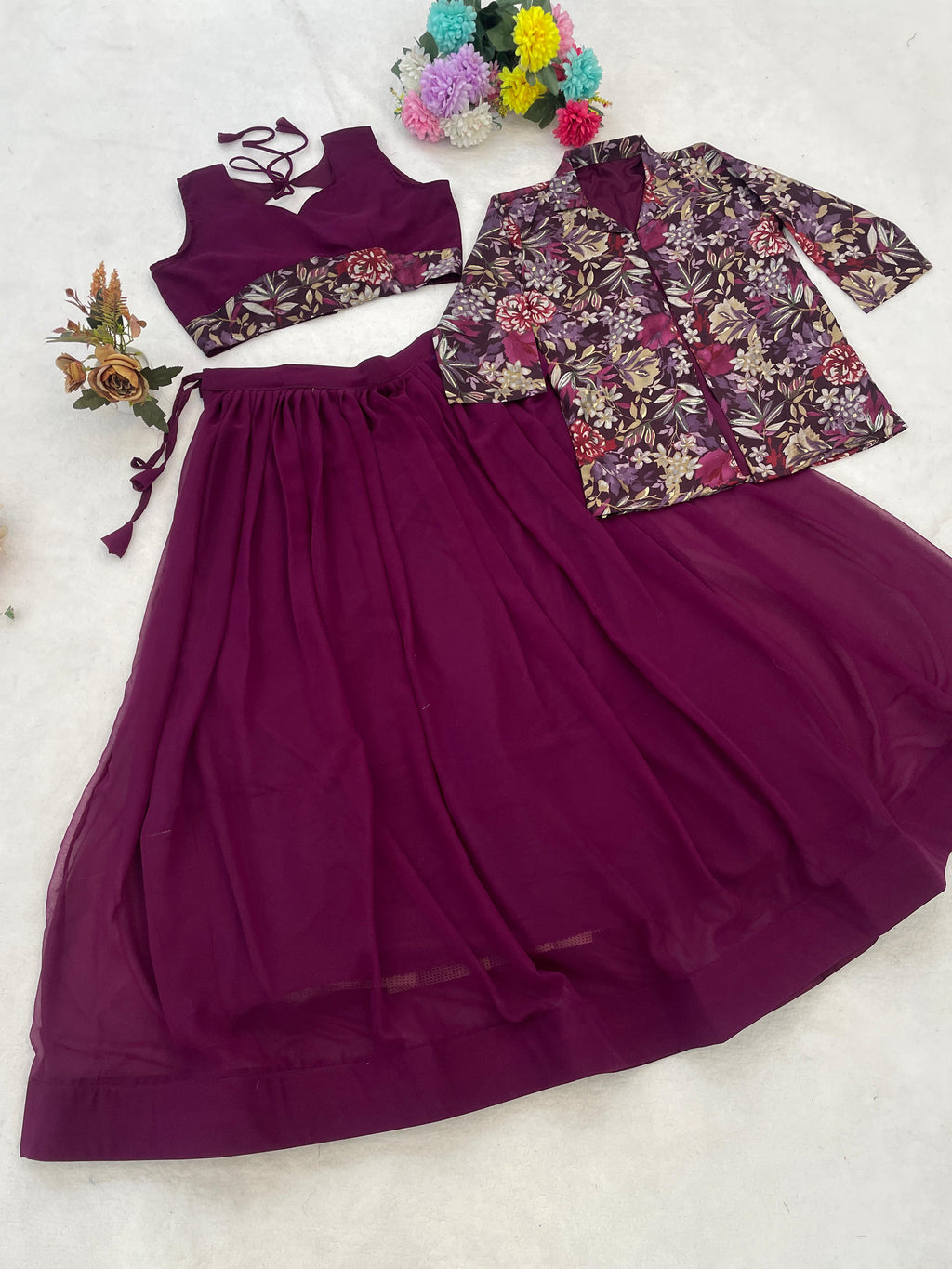 Teal Blue Georgette Foil Print Lehenga Choli with Chanderi Koti@F