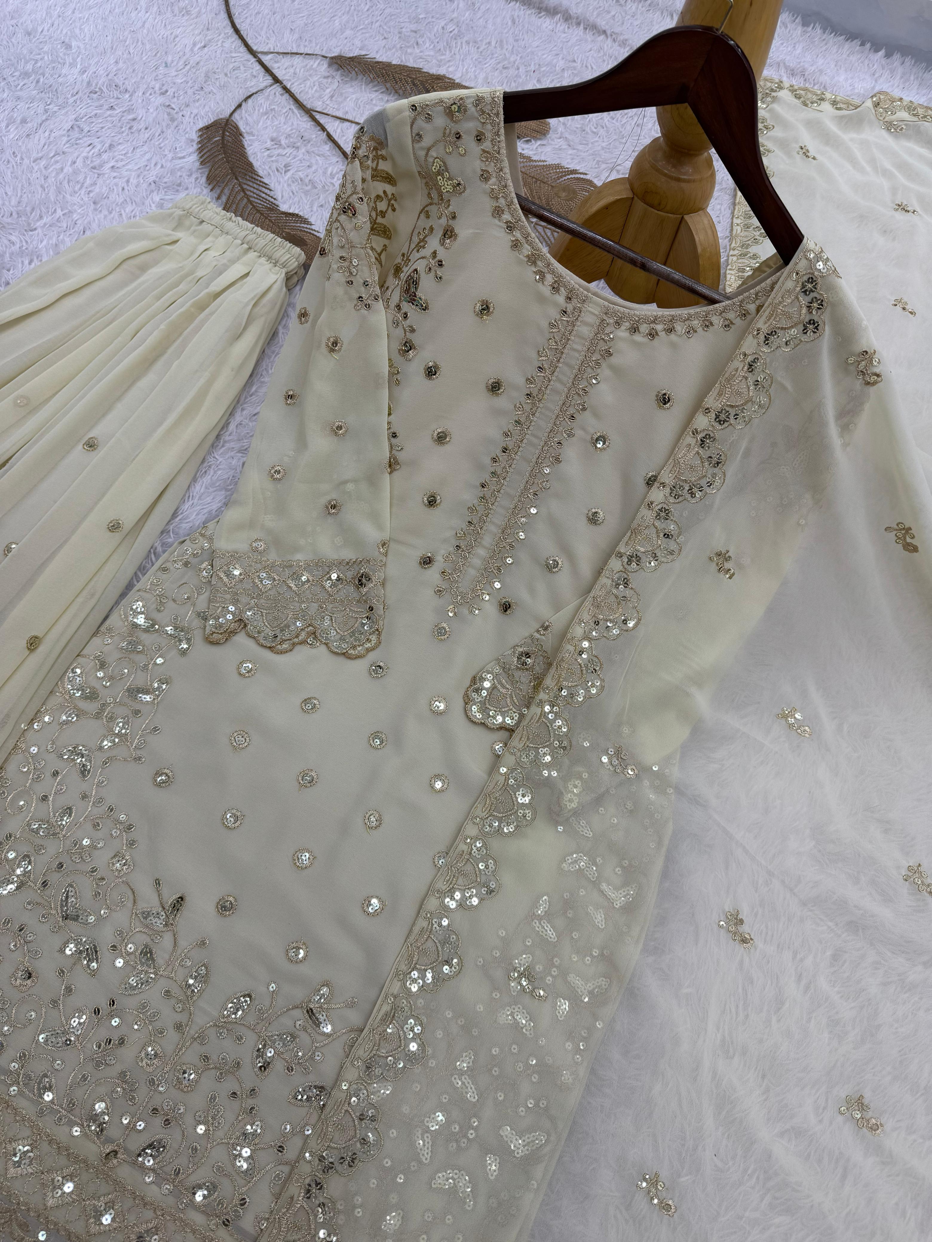 Embroidered Semi Stitched Sequence Worked Top-Plazzo And Dupatta Set For Wedding Functions @F