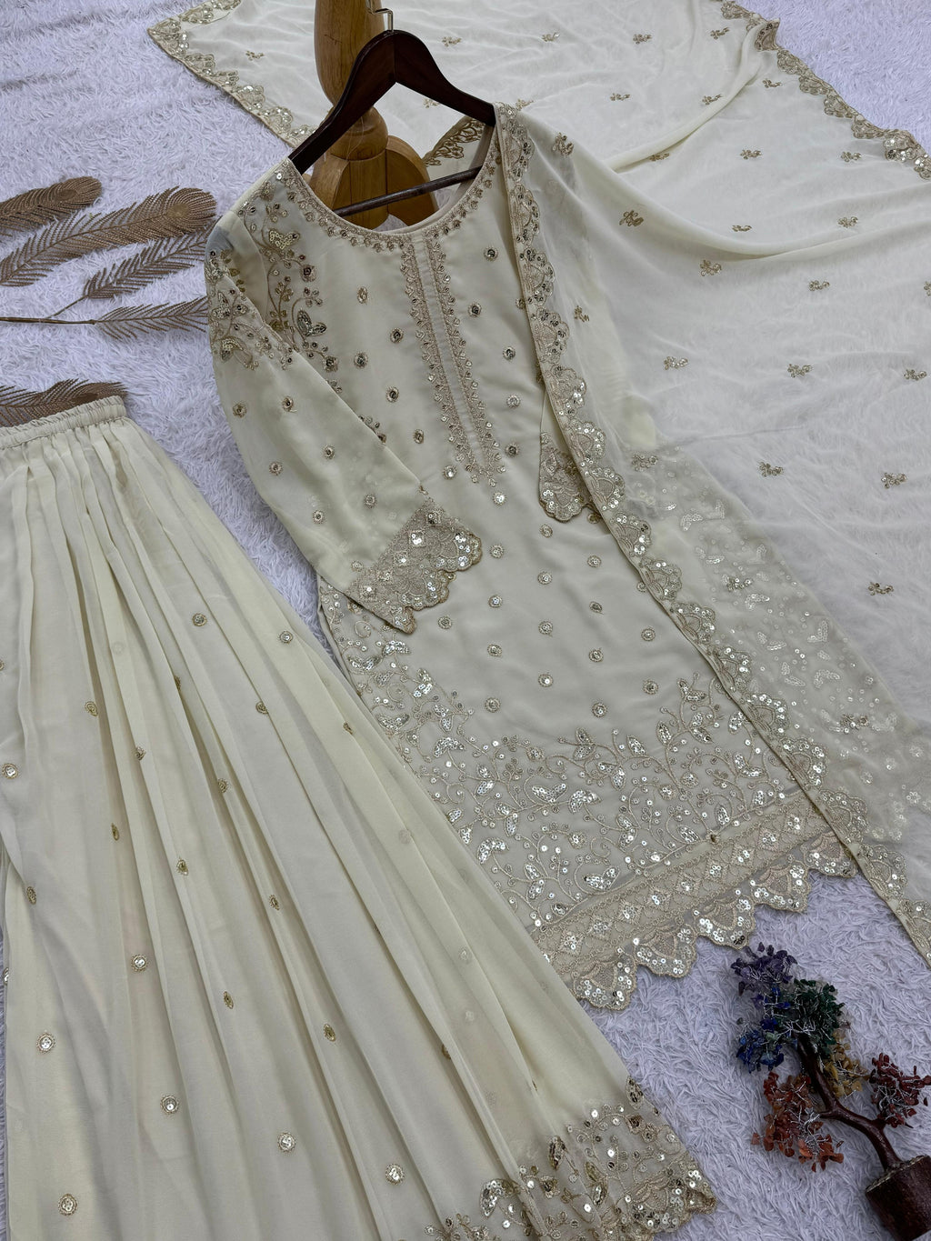 Embroidered Semi Stitched Sequence Worked Top-Plazzo And Dupatta Set For Wedding Functions @F