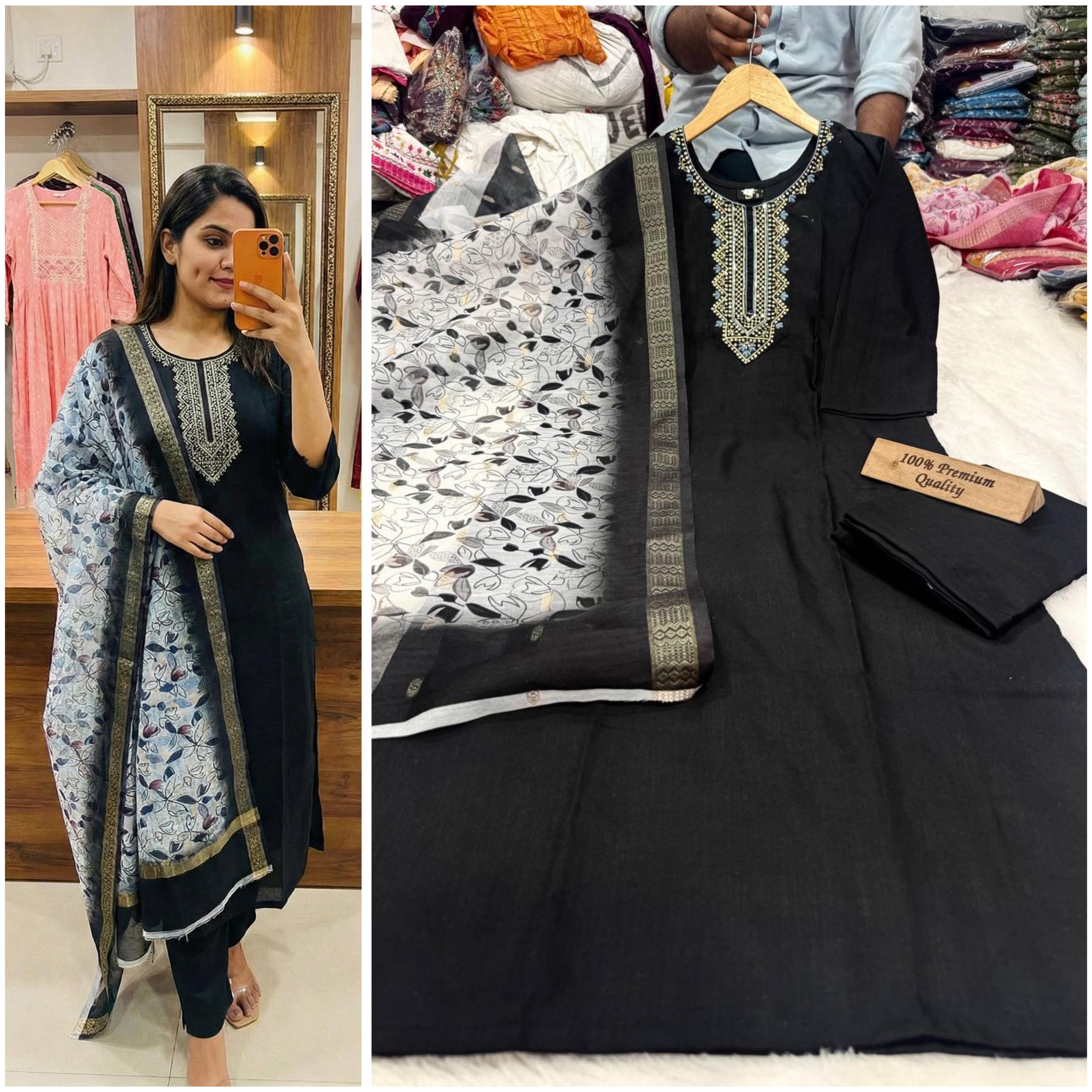 Women slub Silk Kurta Pant Dupatta Set@F