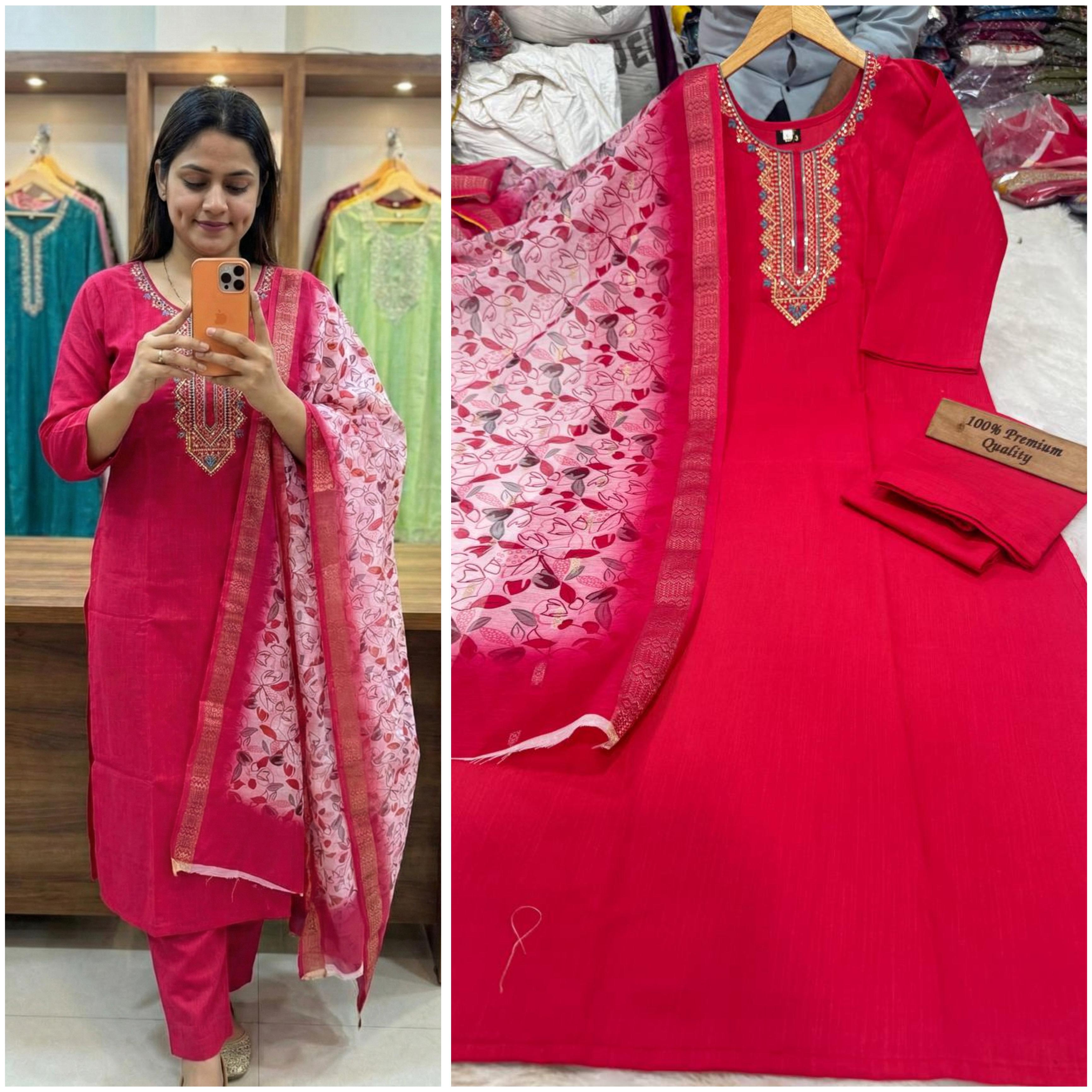 Women slub Silk Kurta Pant Dupatta Set@F