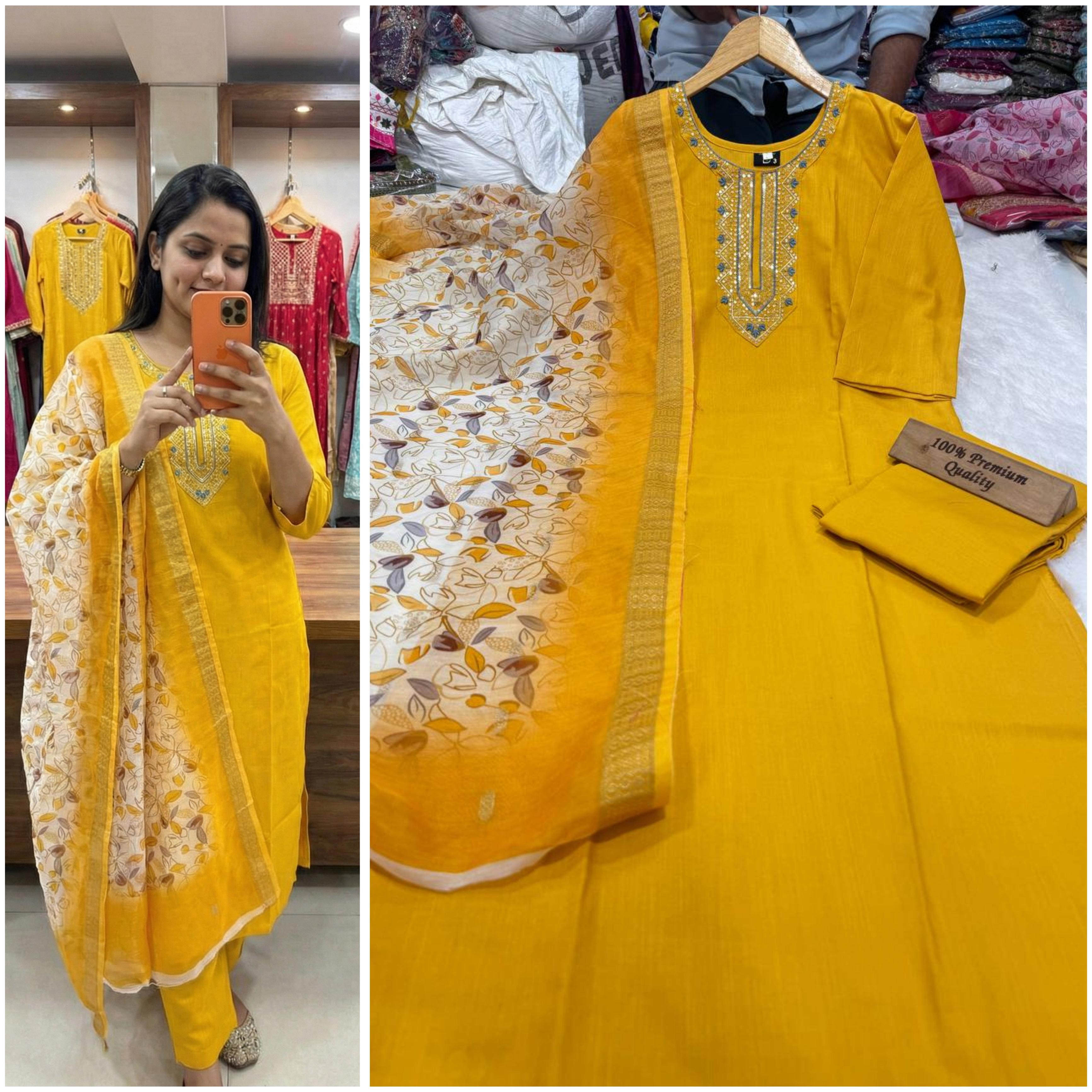 Women slub Silk Kurta Pant Dupatta Set@F