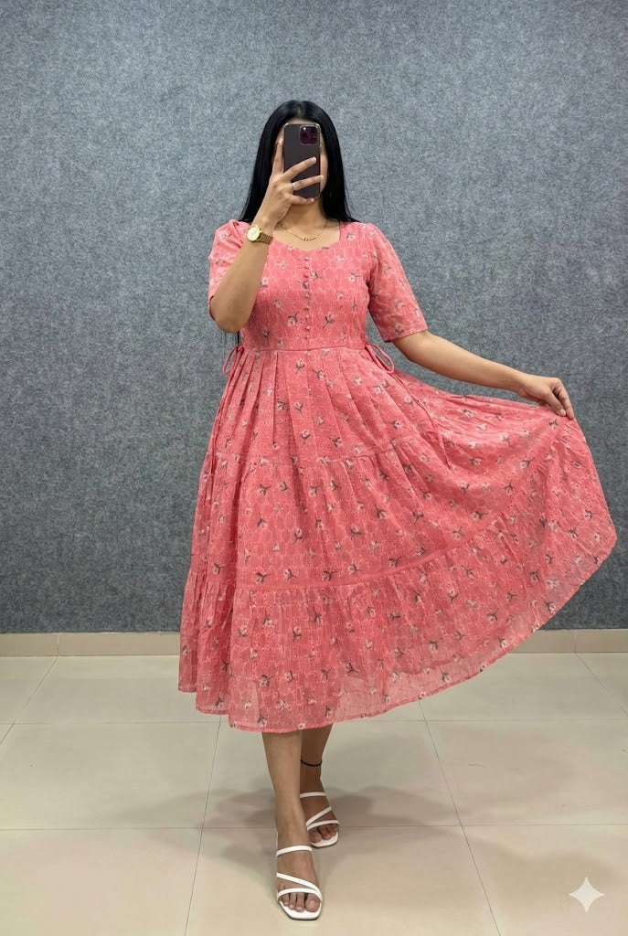 Floral Print Puff Sleeve Maxi Dress@F