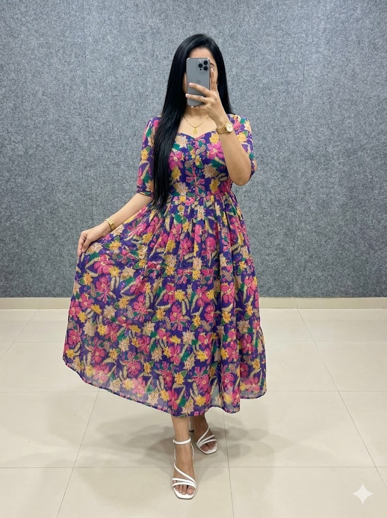 Floral Print Puff Sleeve Maxi Dress@F