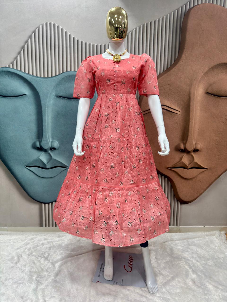 Floral Print Puff Sleeve Maxi Dress@F