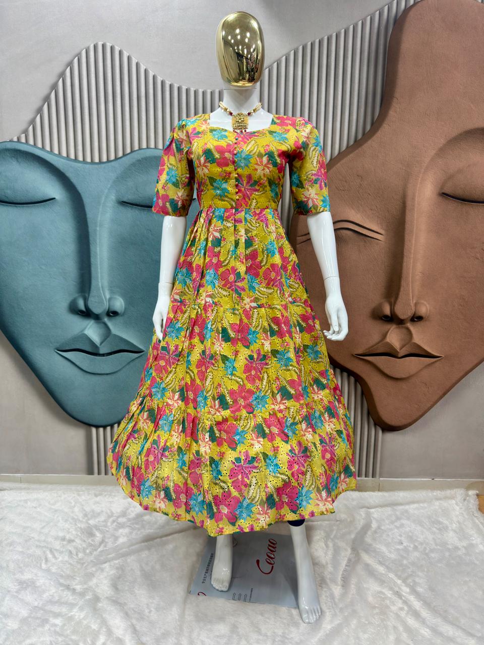 Floral Print Puff Sleeve Maxi Dress@F