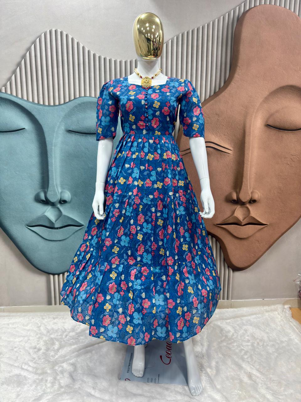 Floral Print Puff Sleeve Maxi Dress@F