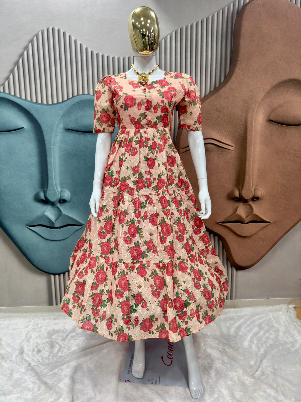 Floral Print Puff Sleeve Maxi Dress@F