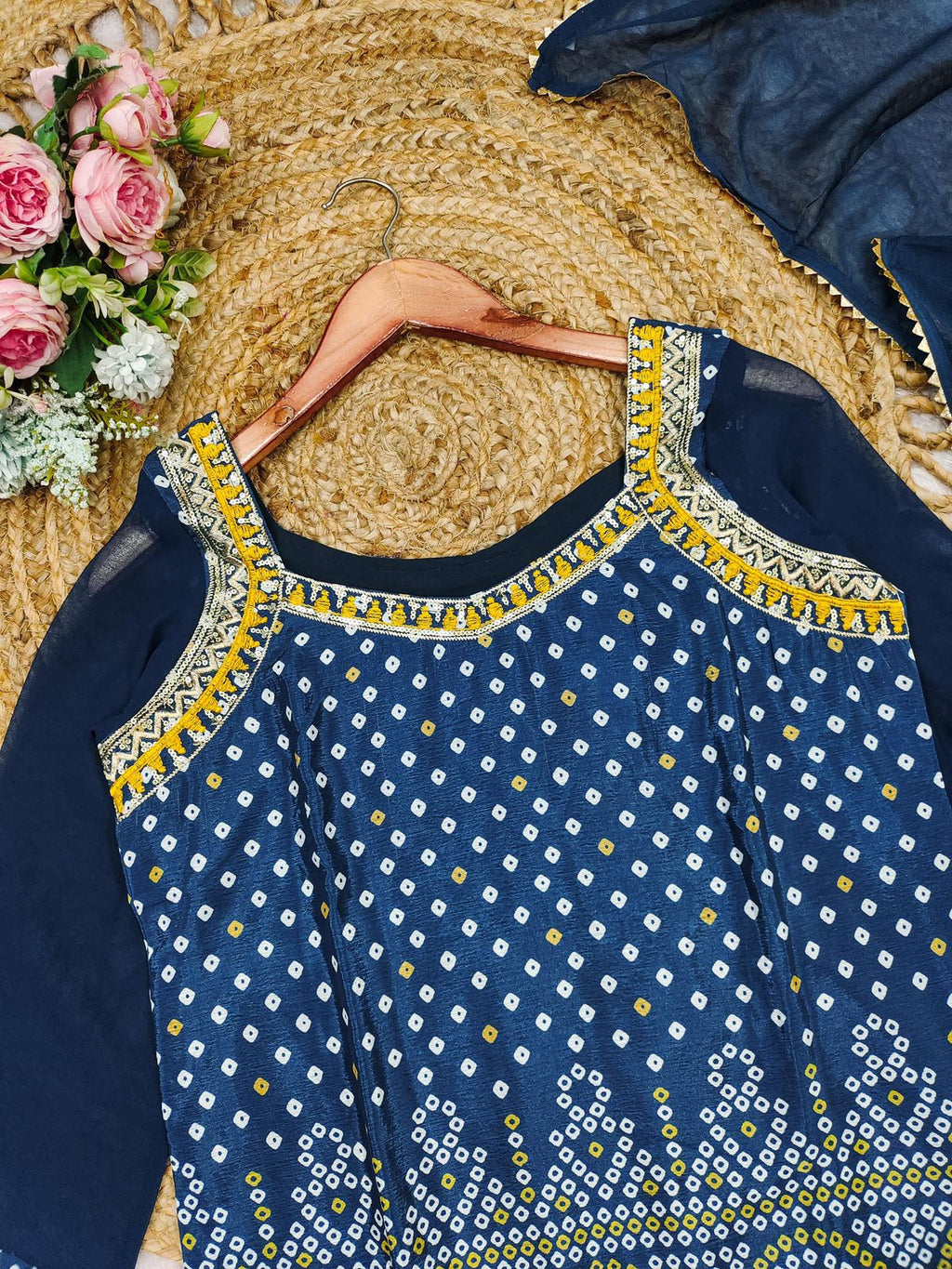 Cotton Thread Embroidery Kurti sharara Dupatta set@F