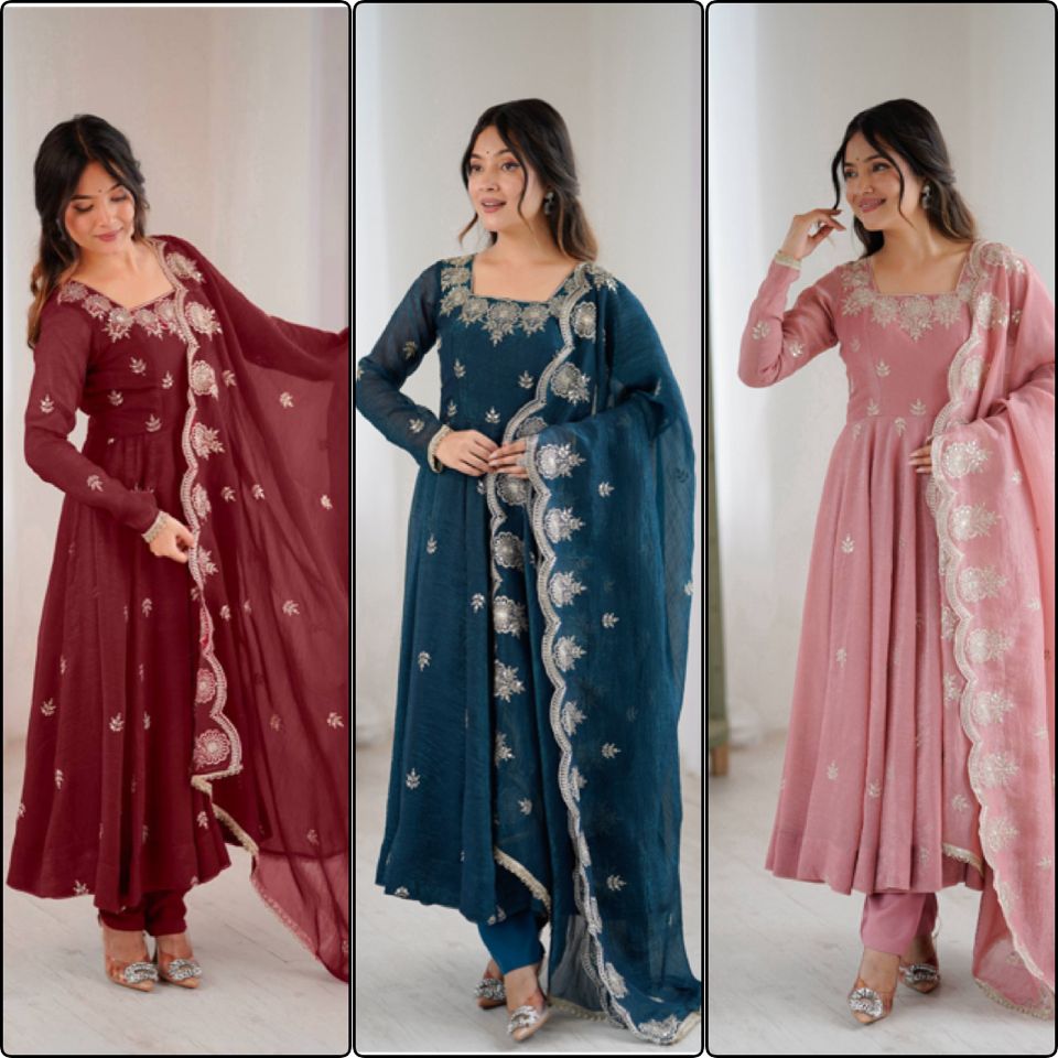 Embroidered Silk Blend Anarkali Suit Set With Dupatta@F