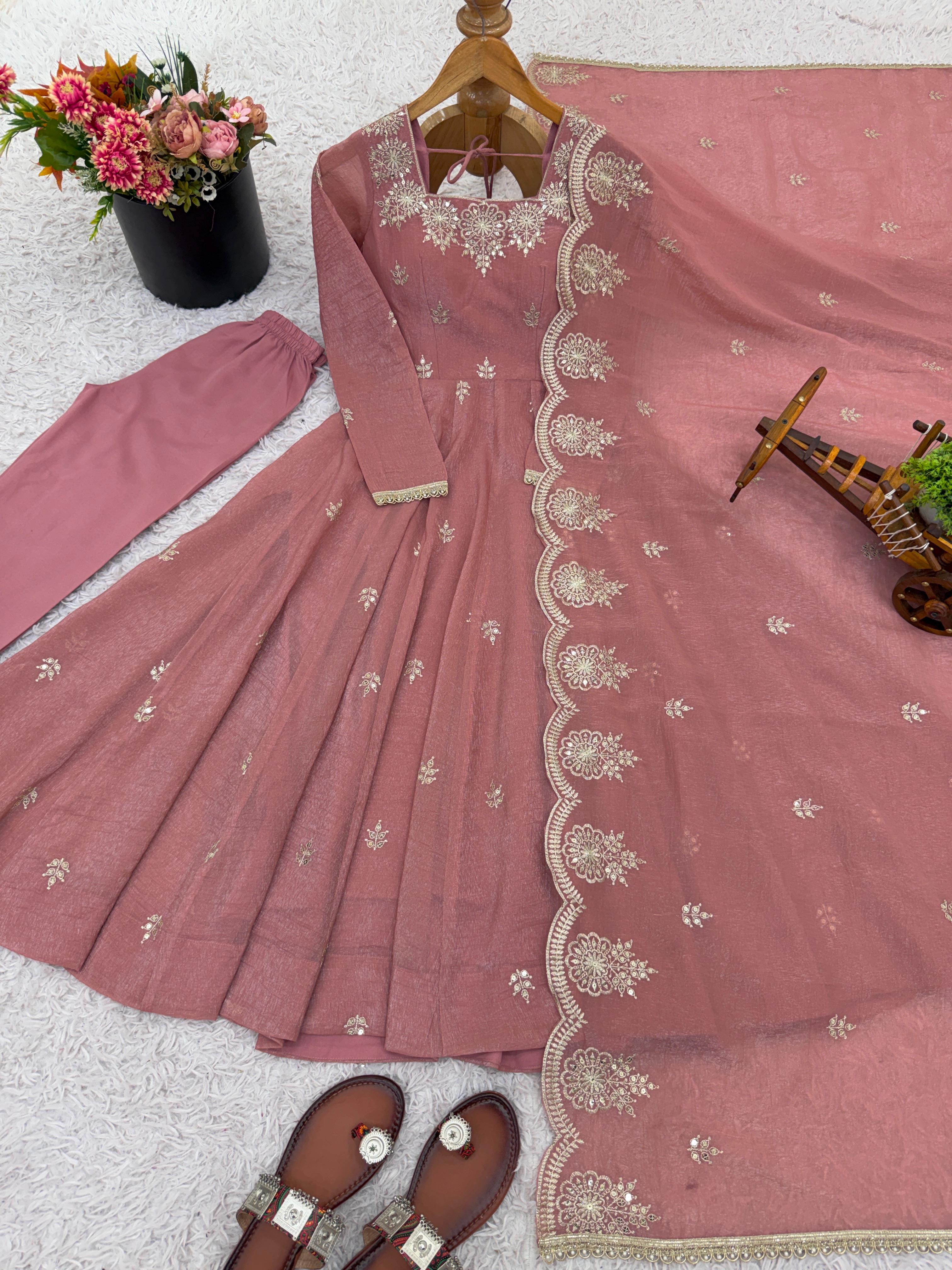 Embroidered Silk Blend Anarkali Suit Set With Dupatta@F